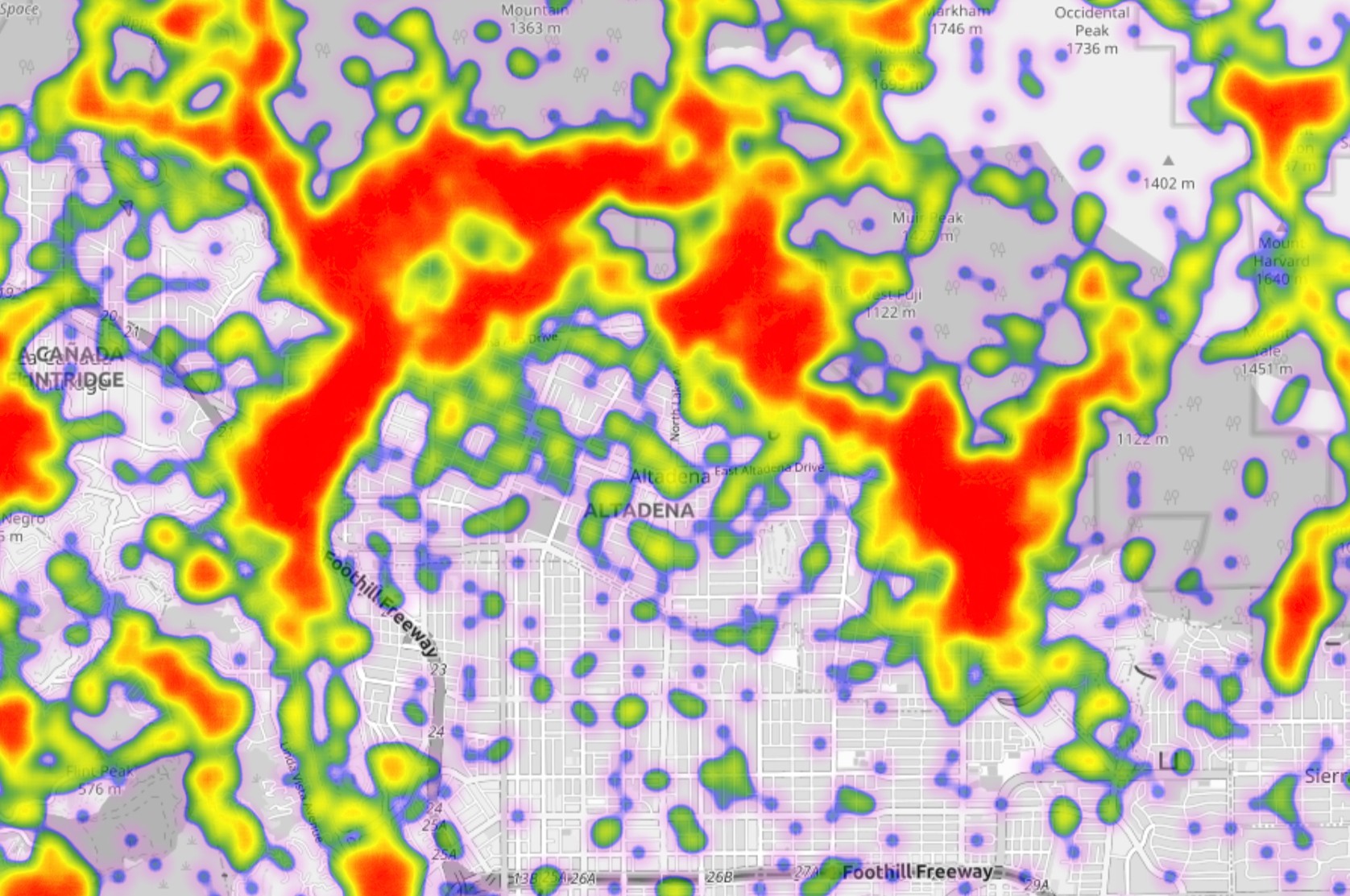 An image from a map showing that Altadena is surrounded by native plant observations