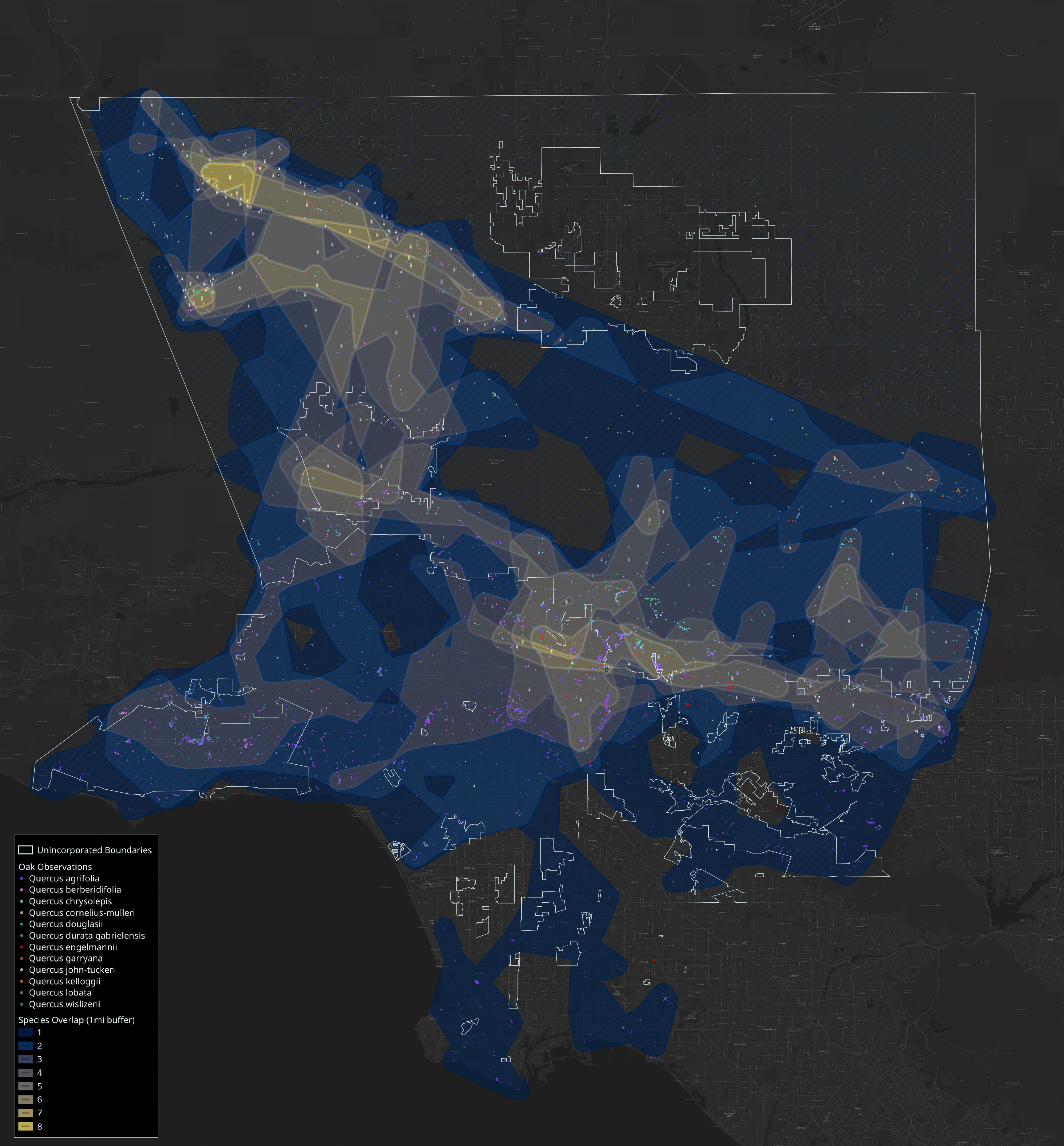 A map showing Oak species overlap in LA County